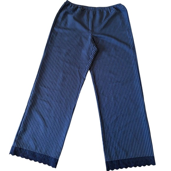Things Between Pants - Things Between Womens Navy Striped Wide Leg Pants Eyelet Lace Hem Size Large
